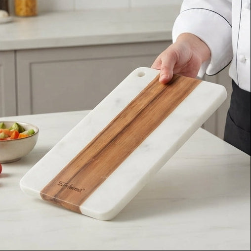 Sonforest Rectangular Board with Hole in Marble and Wood: Geometric Design and Sophistication in Serving - (AYD353-19)