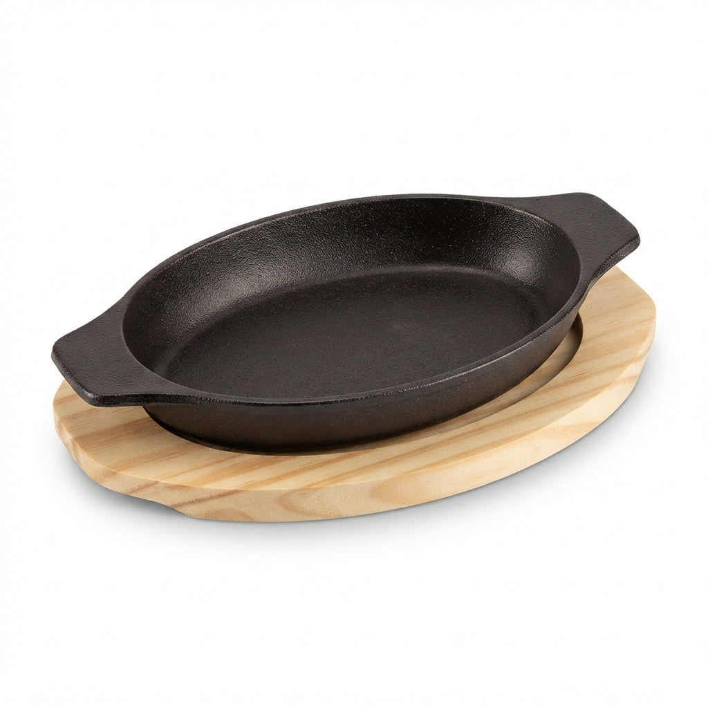 Cast Iron Oval Sizzler with Wooden Base - Serve with Sophistication - (AYD310-57)