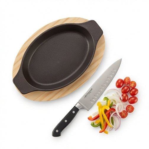 Cast Iron Oval Sizzler with Wooden Base - Serve with Sophistication - (AYD310-57)