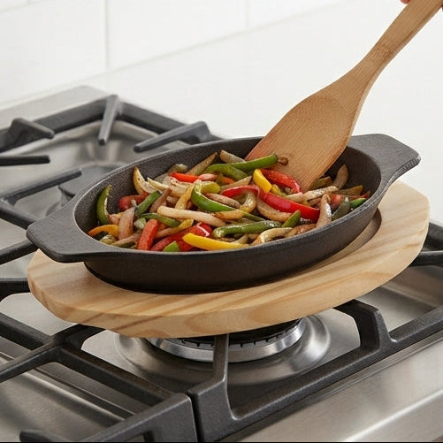 Cast Iron Oval Sizzler with Wooden Base - Serve with Sophistication - (AYD310-57)
