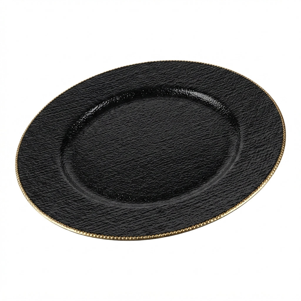 Prato de Apresentação Preto Texturizado 26cm com Borda Dourada: Sofisticação e Luxo para a Sua Mesa Posta - (AYD245-123)