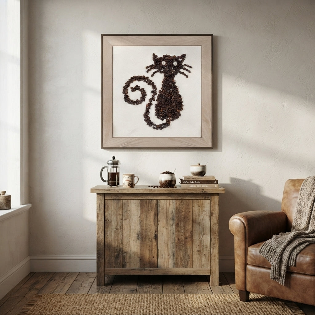Quadro Decorativo 'Gato de Café', 40/40cm: Arte Rústica Exclusiva com Grãos Naturais para Dar Aconchego ao Ambiente - (AYD313-5)