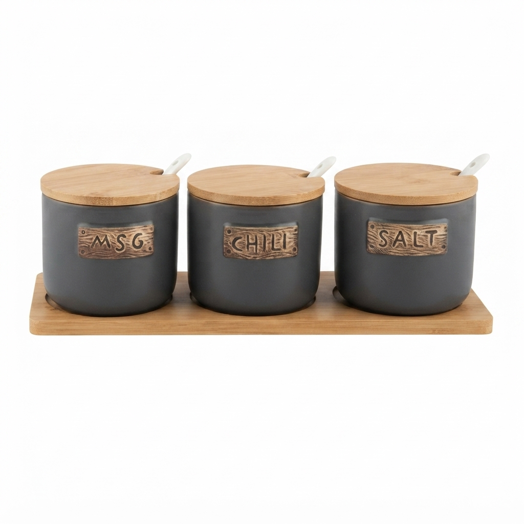 Conjunto de Frascos de Cerâmica para Temperos Estilo Japonês com Tampas e Tabuleiro de Bambu - (AYD317-12)