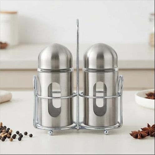 Elegância à Mesa: Conjunto de Galheteiros em Aço Inox e Vidro com Suporte - (AYD236-43)
