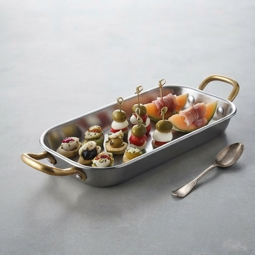Travessa Retangular Inox com Pegas Douradas, 17cm: Charme e Sofisticação para Servir - (AYD352-13)