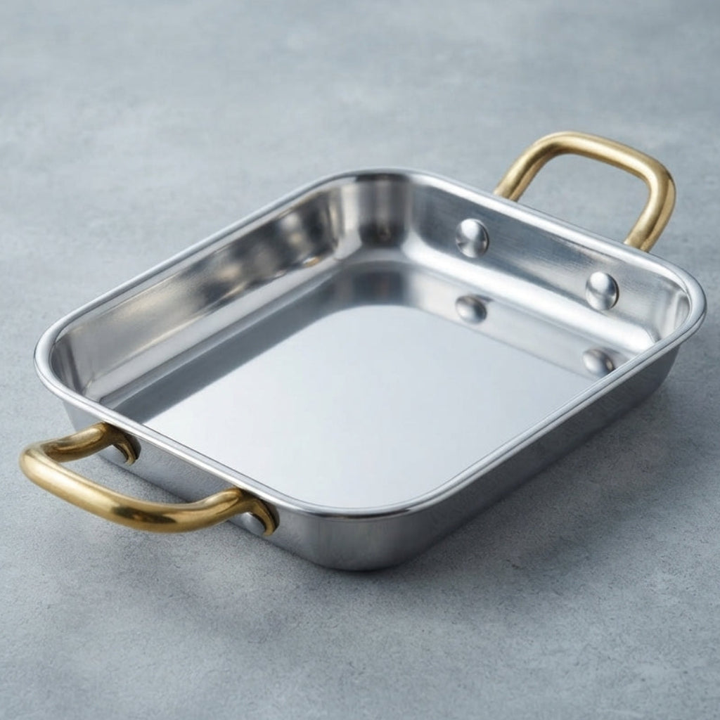 Mini Travessa Retangular Inox com Pegas Douradas, 12cm: Sofisticação, Elegância e Versatilidade para Servir - (AYD352-14)