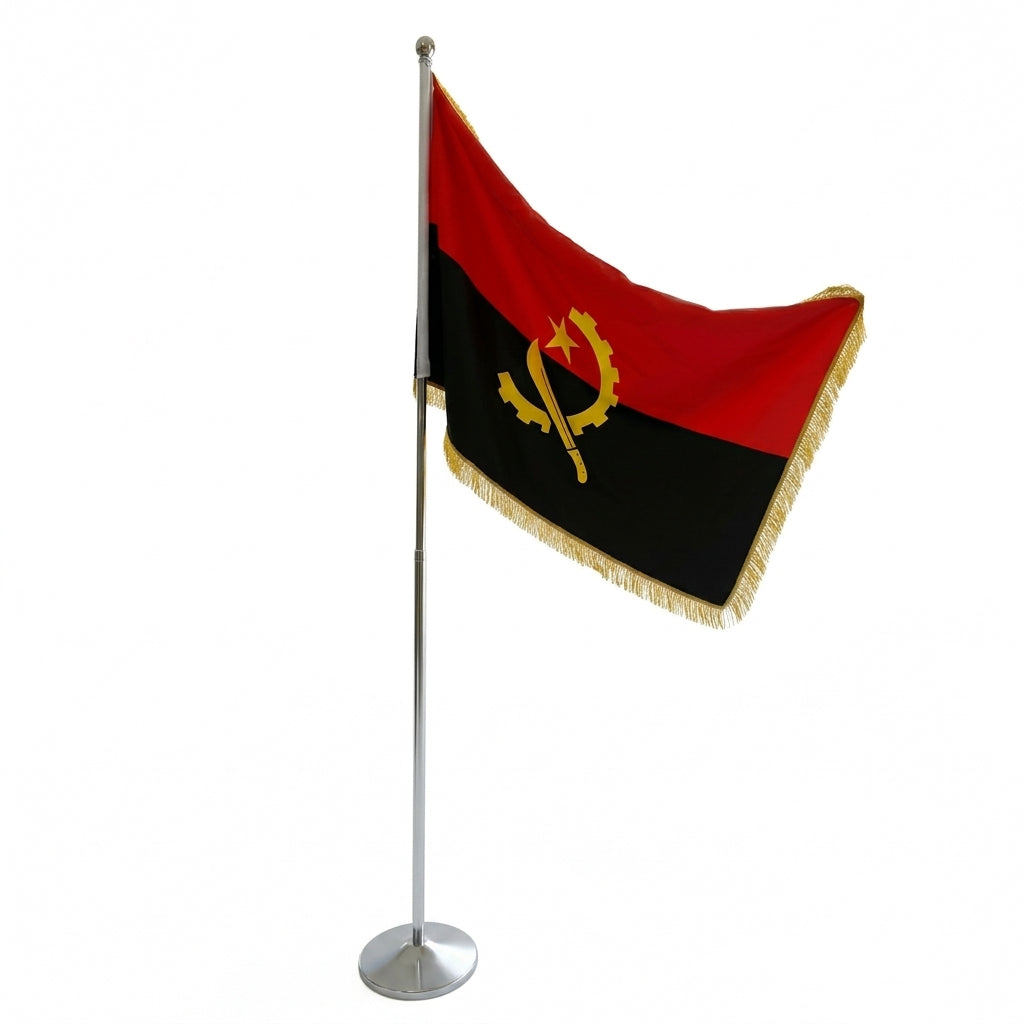 Bandeira Oficial de Angola 90*150 com Franja Dourada: Mastro Metálico Telescópico Regulável para Gabinetes e Eventos (BAN0007)