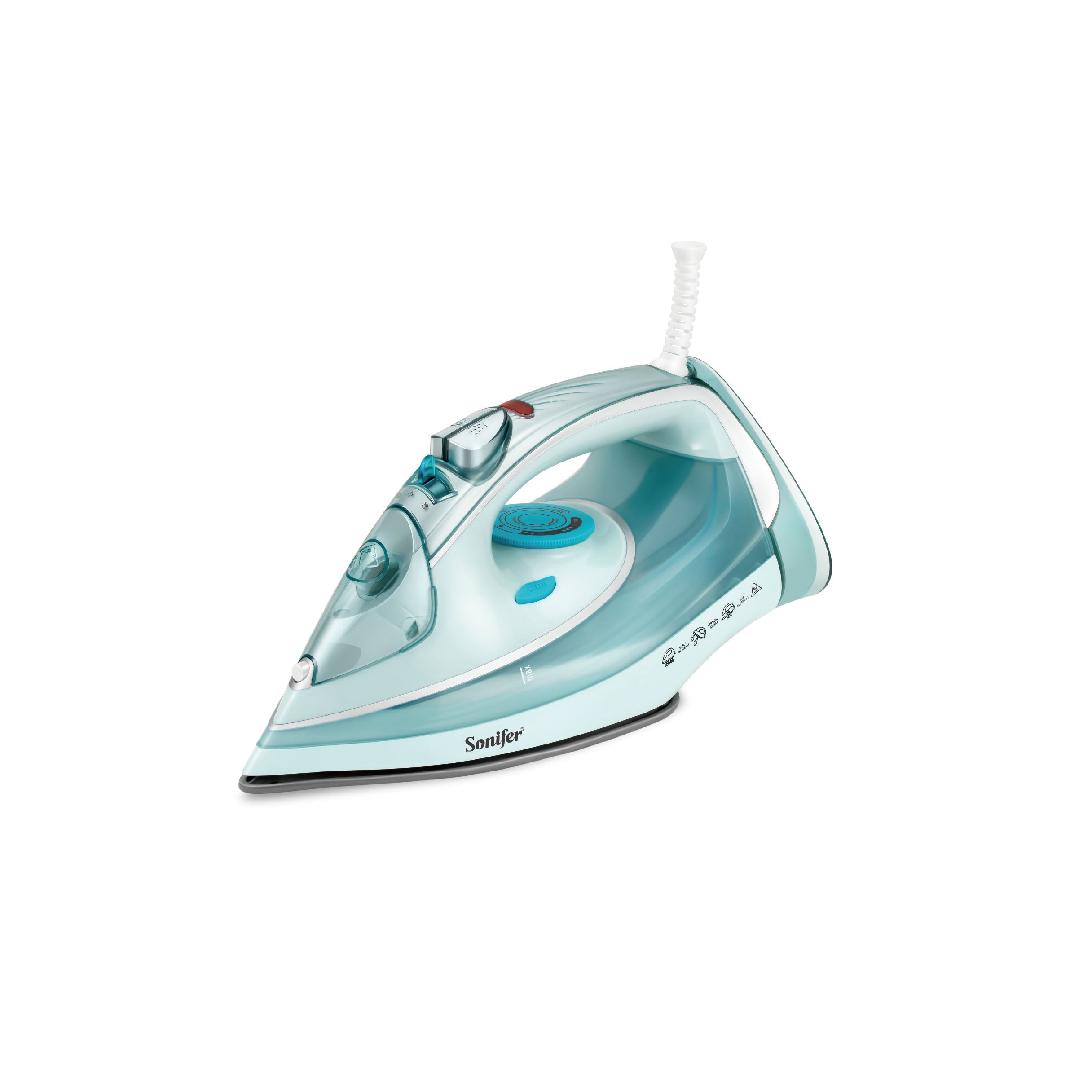 Turquoise and white iron on a white background