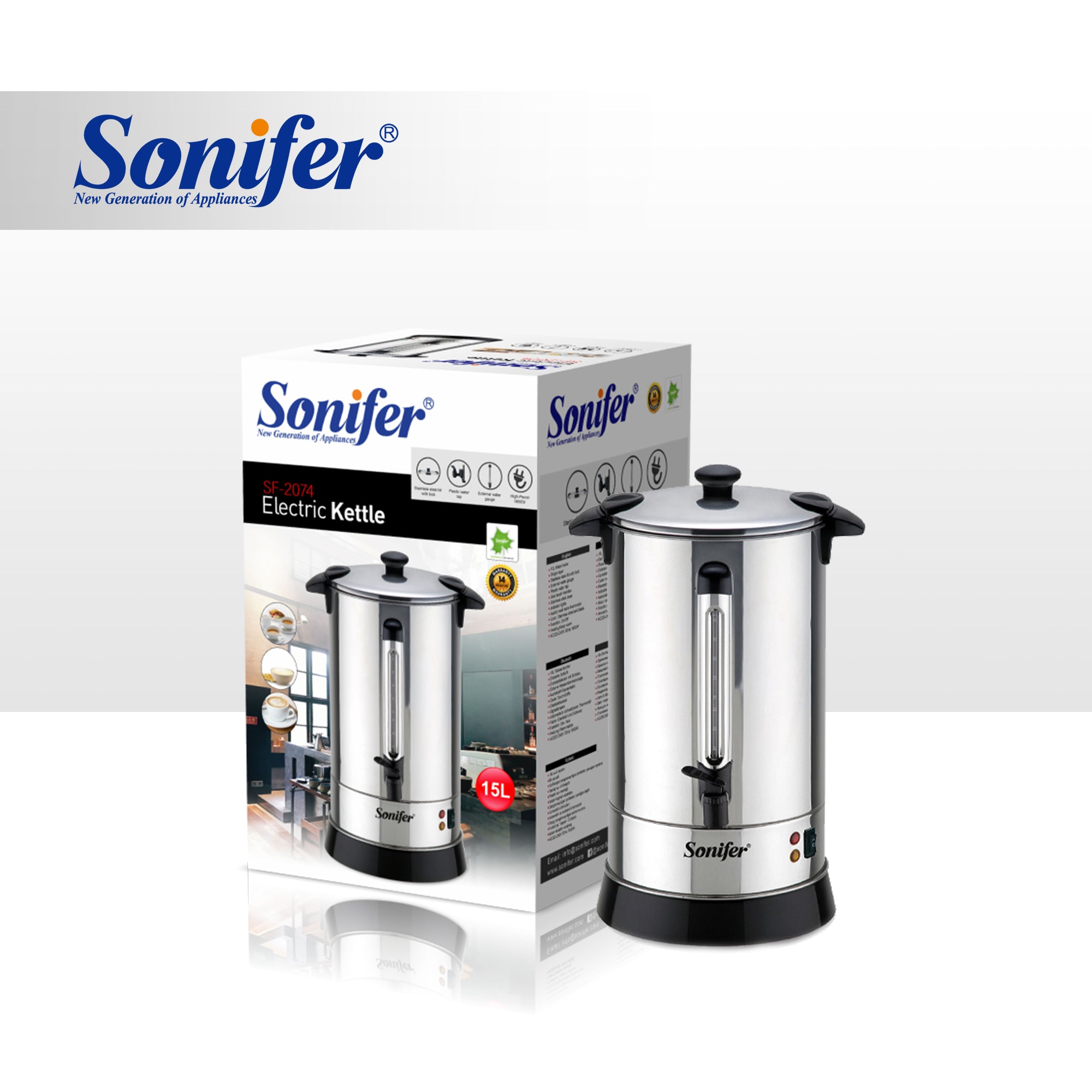 Sonifer SF-2074 Dispensador de Água Quente Elétrico de Aço Inoxidável 15L