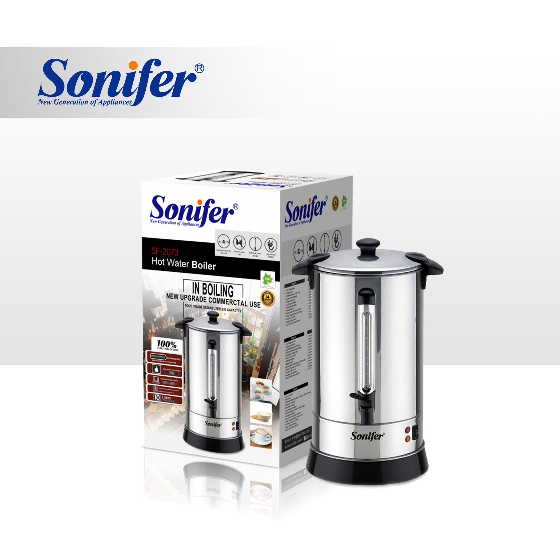 Sonifer hot water boiler with packaging on a white background