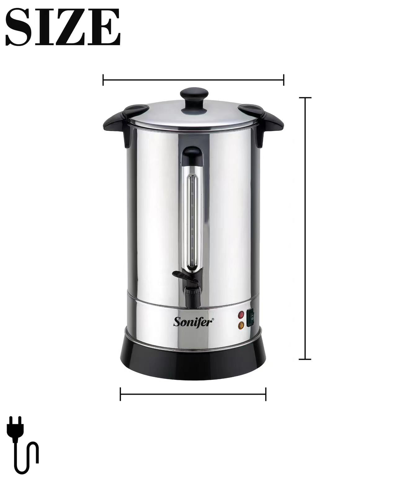 Stainless steel coffee urn with dimensions and Sonifer branding on a white background