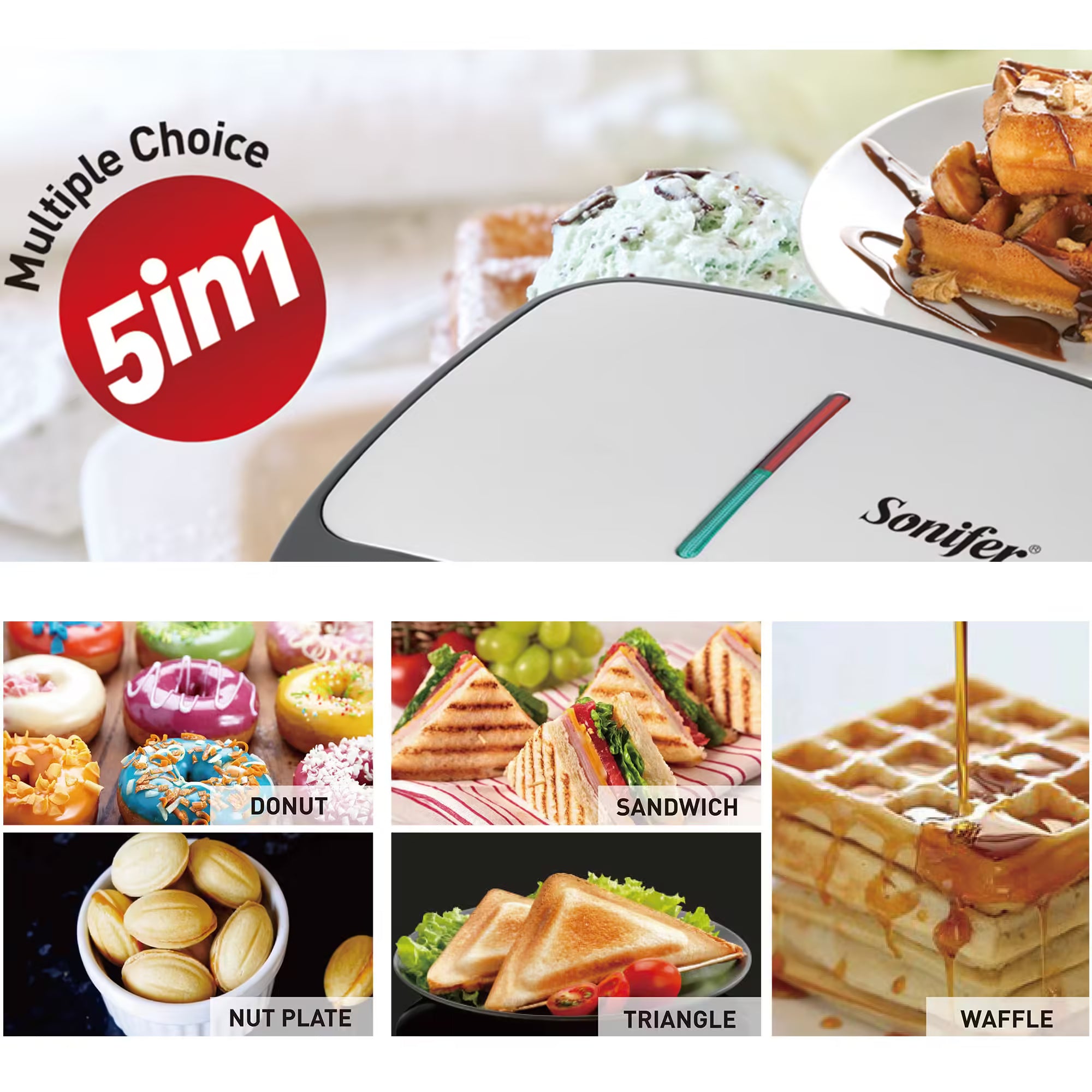 Máquina de Sanduíches, Donuts, Waffles e Grelhador Multifunções 5 em 1 Elétrica Sonifer SF-6154