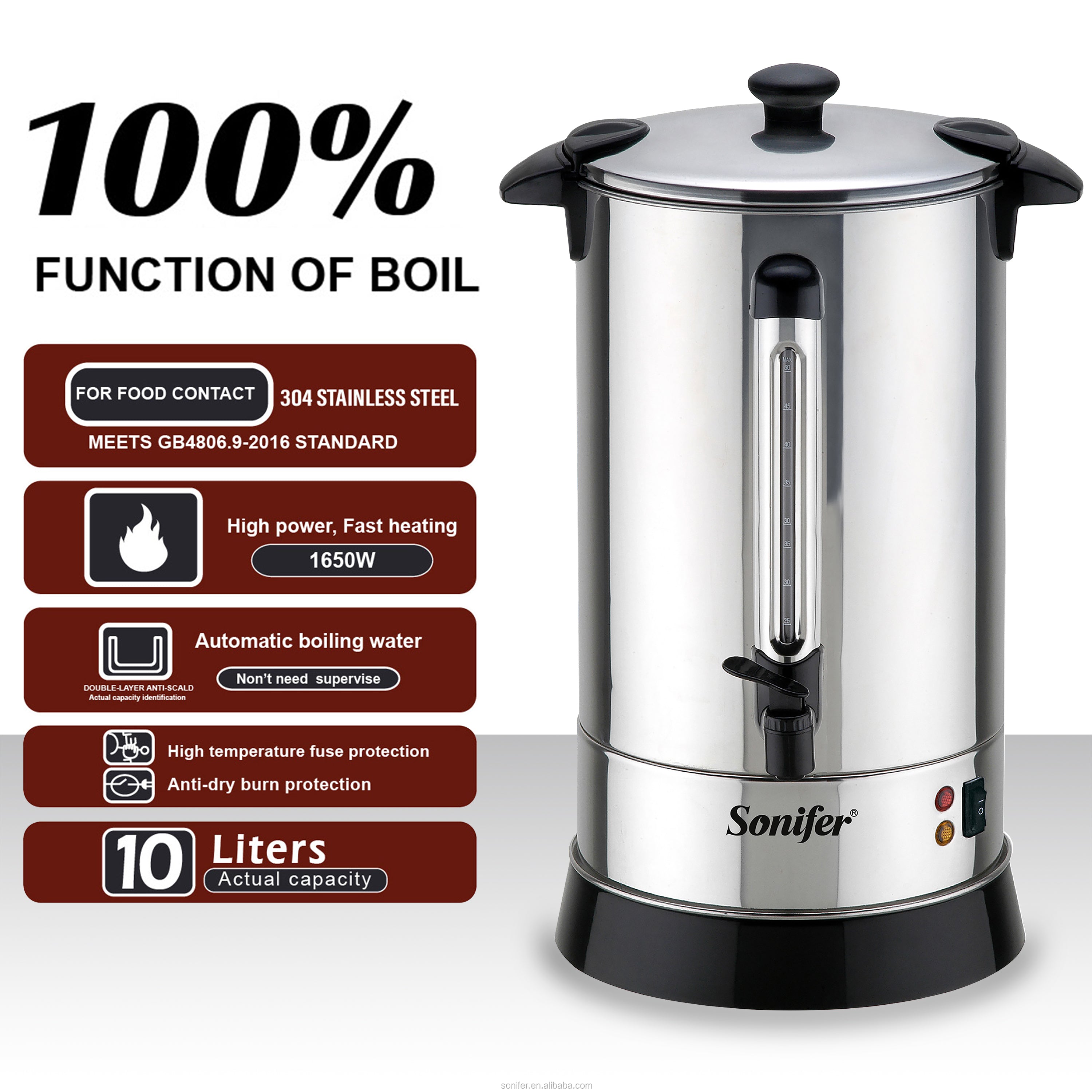 Sonifer SF-2074 Dispensador de Água Quente Elétrico de Aço Inoxidável 15L