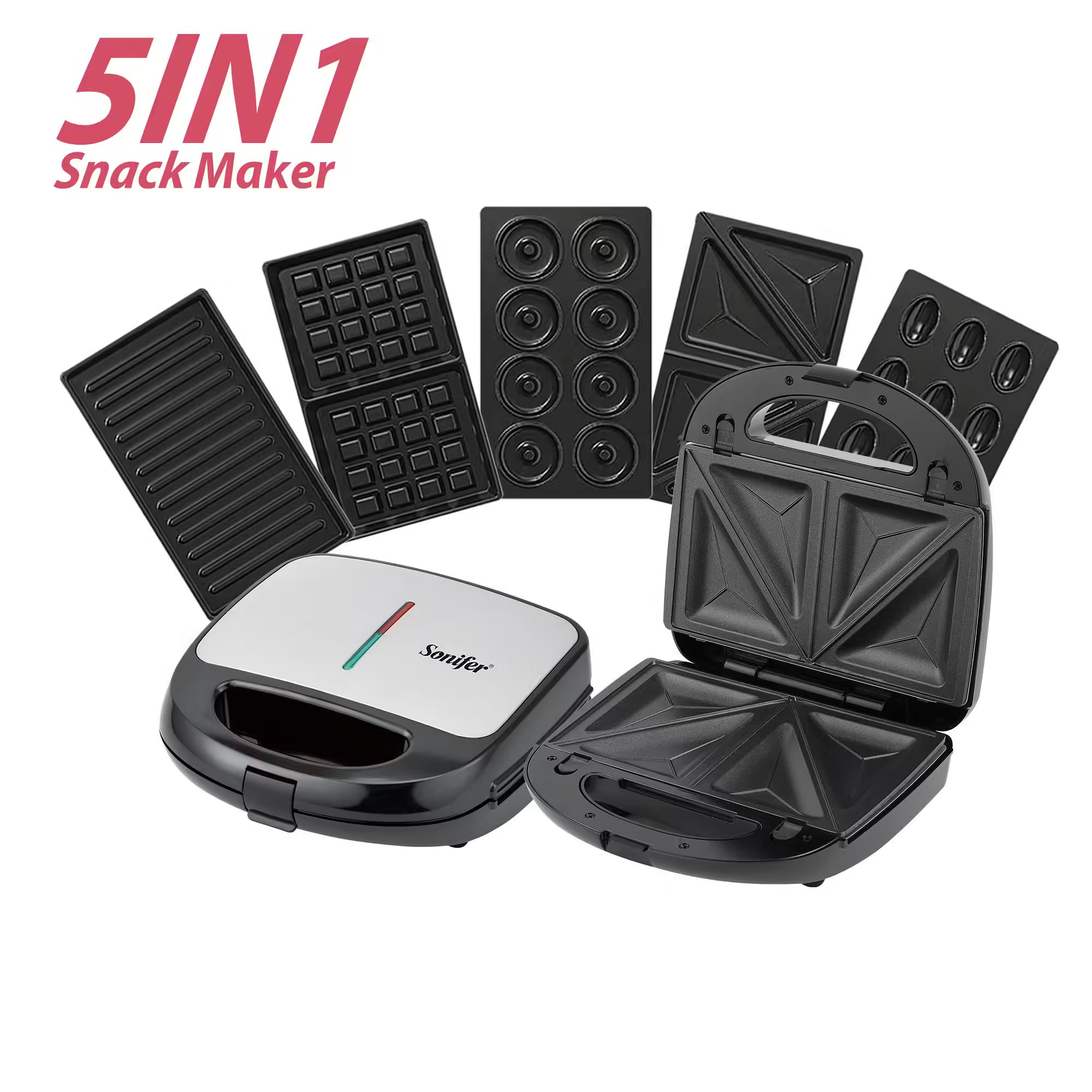 Máquina de Sanduíches, Donuts, Waffles e Grelhador Multifunções 5 em 1 Elétrica Sonifer SF-6154