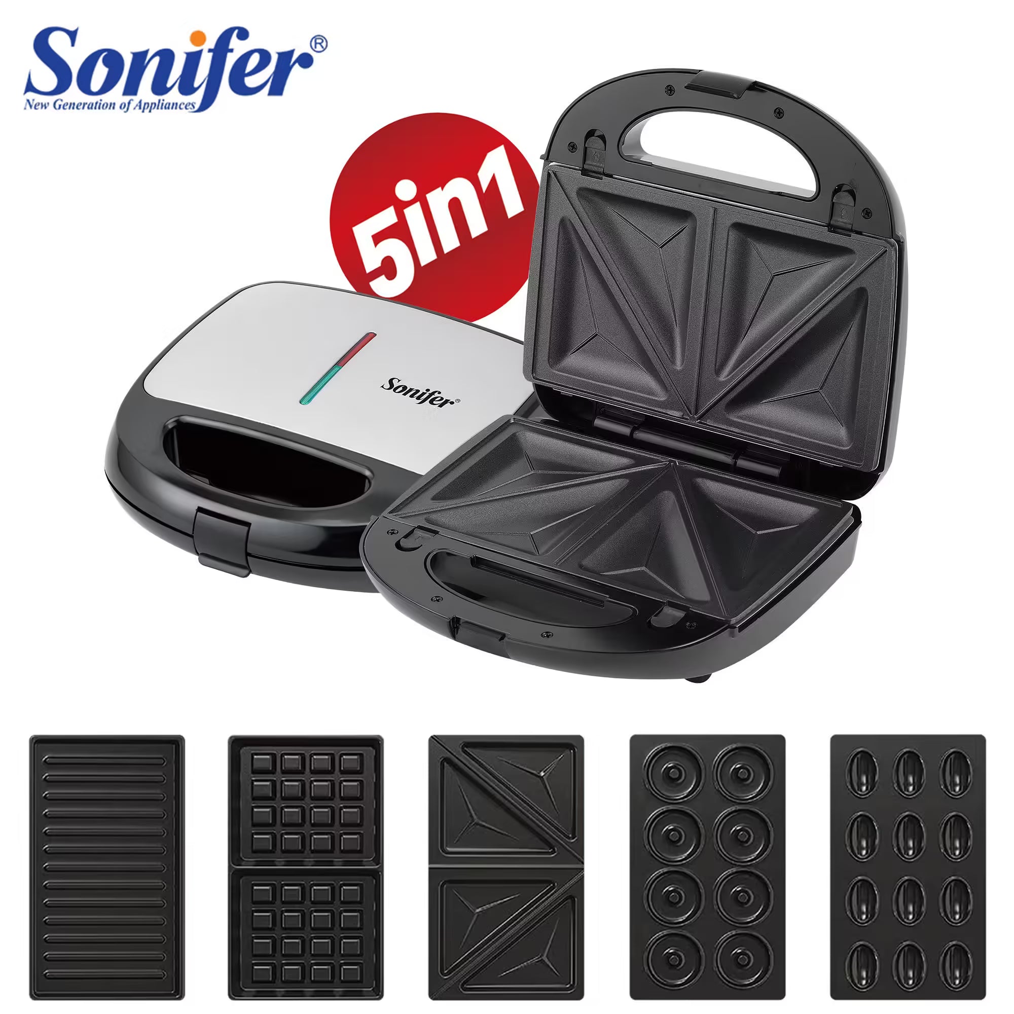 Máquina de Sanduíches, Donuts, Waffles e Grelhador Multifunções 5 em 1 Elétrica Sonifer SF-6154