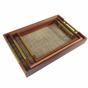 Conjunto de 3 Bandejas Decorativas em Madeira e Ráfia com Alças Douradas: Luxo e Organização Versátil para o Seu Lar - (AYD305-27)