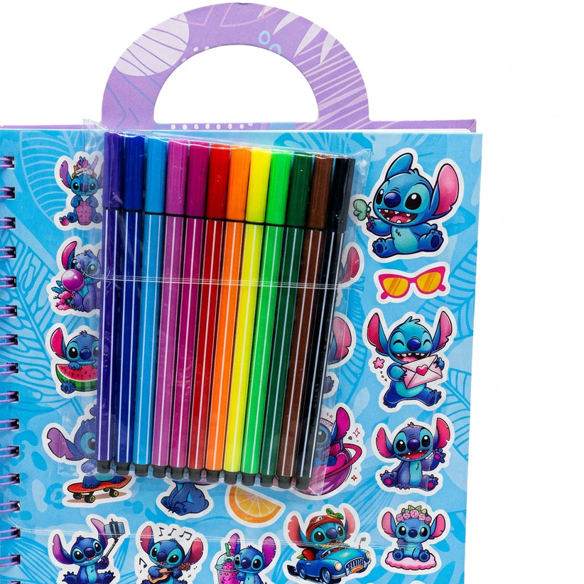 Caderno de Colorir Stitch: Kit Criativo de Atividades com 12 Canetinhas e Adesivos - (AYC328-23)
