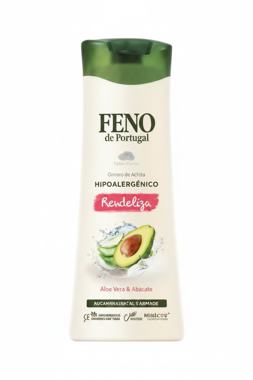 Feno shampoo bottle with avocado illustration on a white background