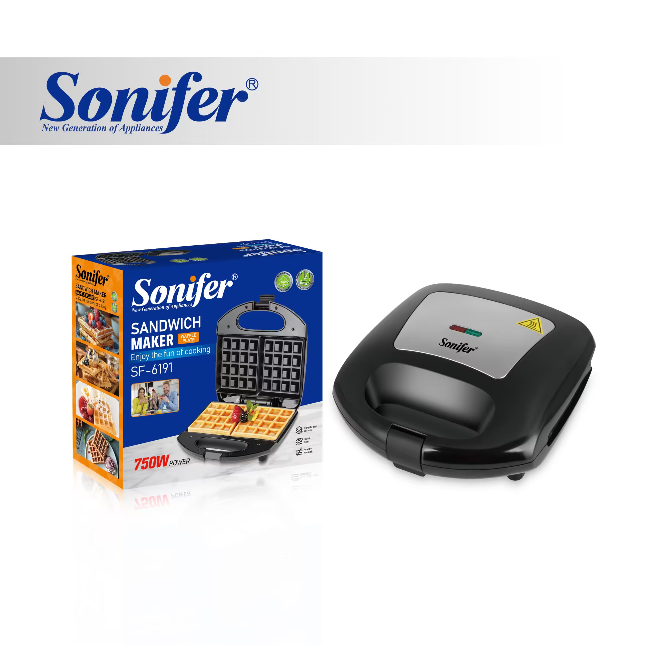 Sonifer SF-6191 Máquina de Waffles e Sanduíches: Compacta, Antiaderente, Segura, Cozedura Rápida