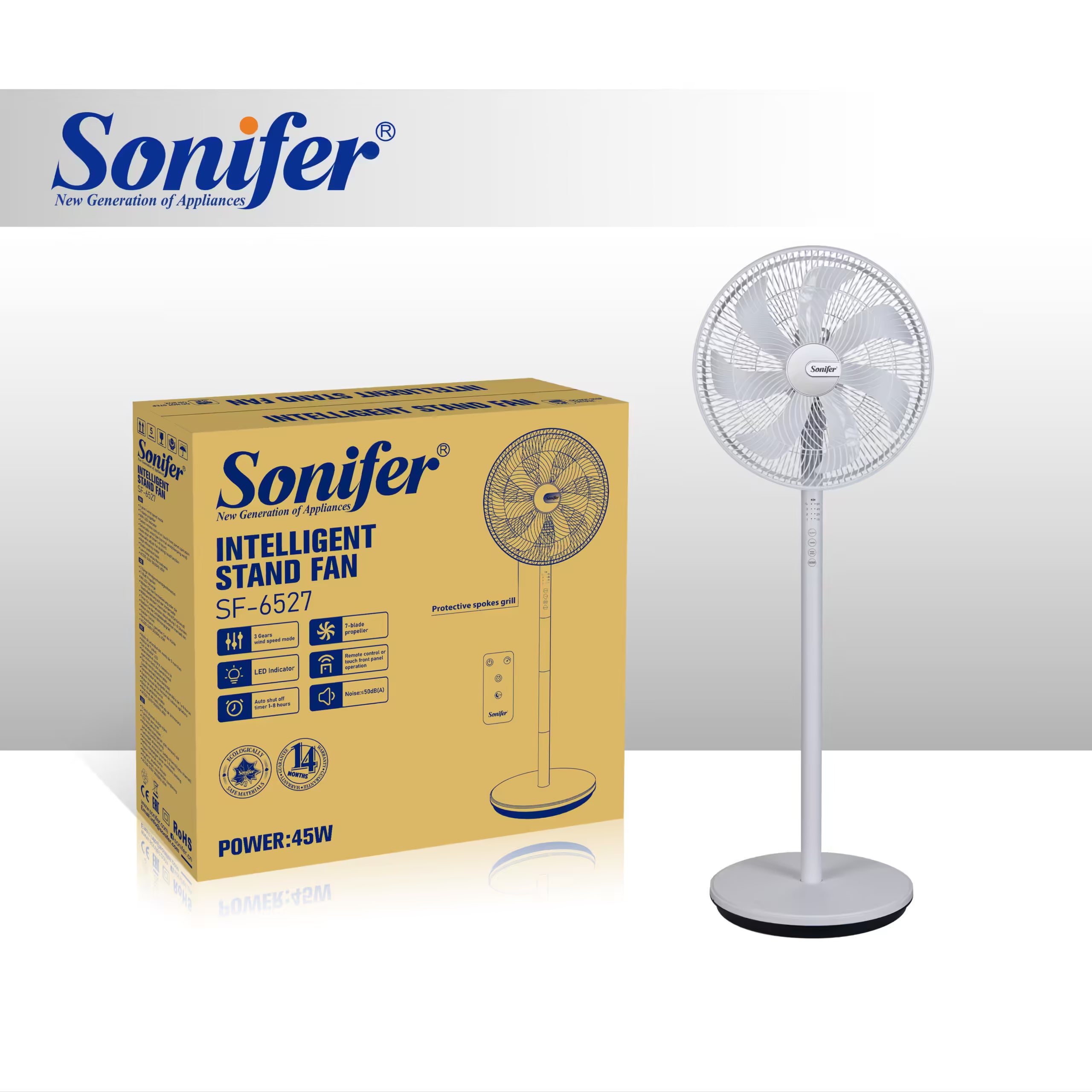 Ventoinha de Pedestal Inteligente Sonifer SF-6527: 3 Velocidades, 7 Pás, Controlo Remoto e Tátil