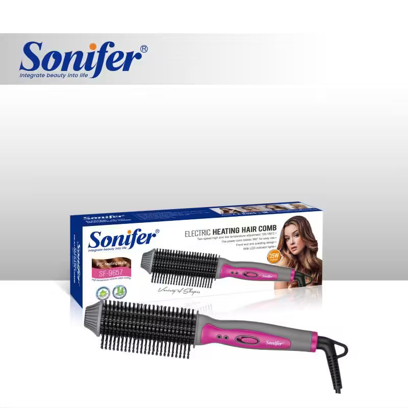 Sonifer electric heating hair comb with packaging on a white background