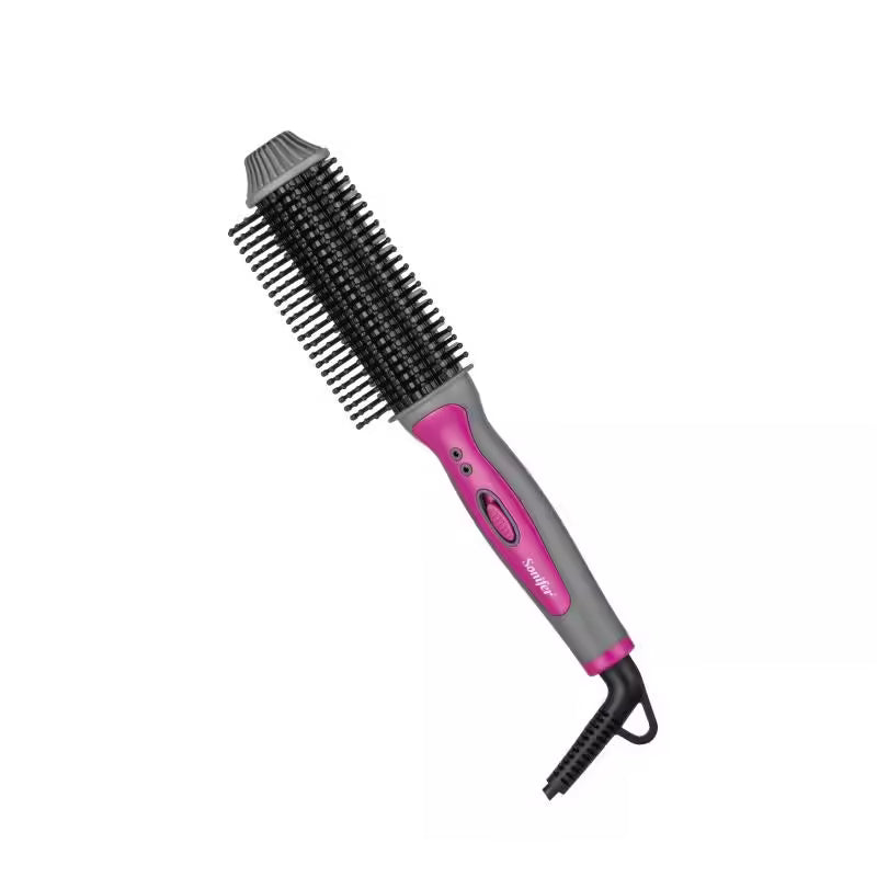 Hairbrush with pink and gray handle on a white background