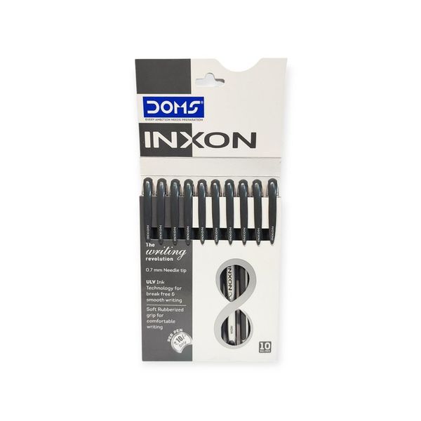 Doms Inxon Premium Black Ballpoint Pens, Smooth ULV Ink, Soft Rubber Grip, 10-Pack