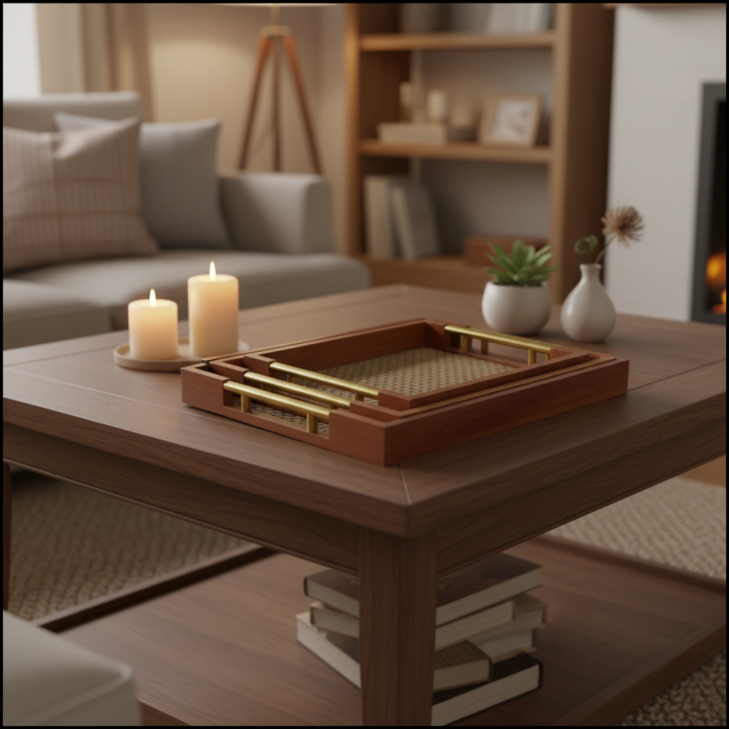 Conjunto de 3 Bandejas Decorativas em Madeira e Ráfia com Alças Douradas: Luxo e Organização Versátil para o Seu Lar - (AYD305-27)