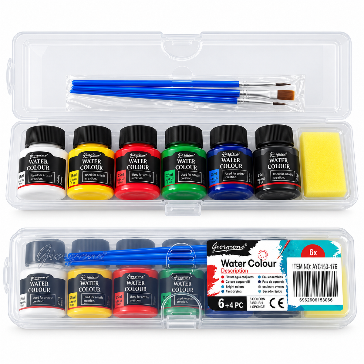 Kit de Tintas Aquarela Giorgione: 6 Cores de 25 ml com 3 Pincéis e Esponja - (AYC153-176)