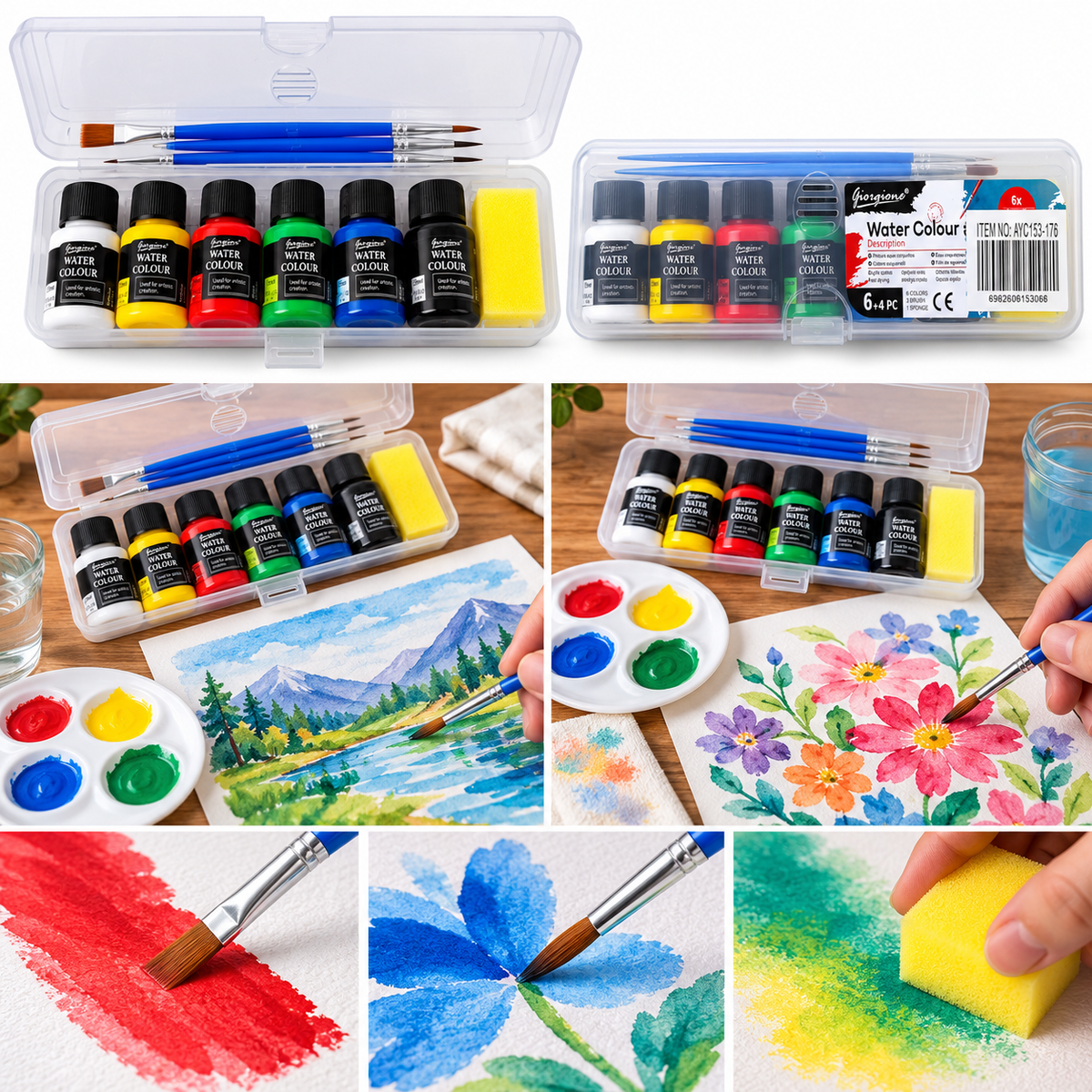 Kit de Tintas Aquarela Giorgione: 6 Cores de 25 ml com 3 Pincéis e Esponja - (AYC153-176)
