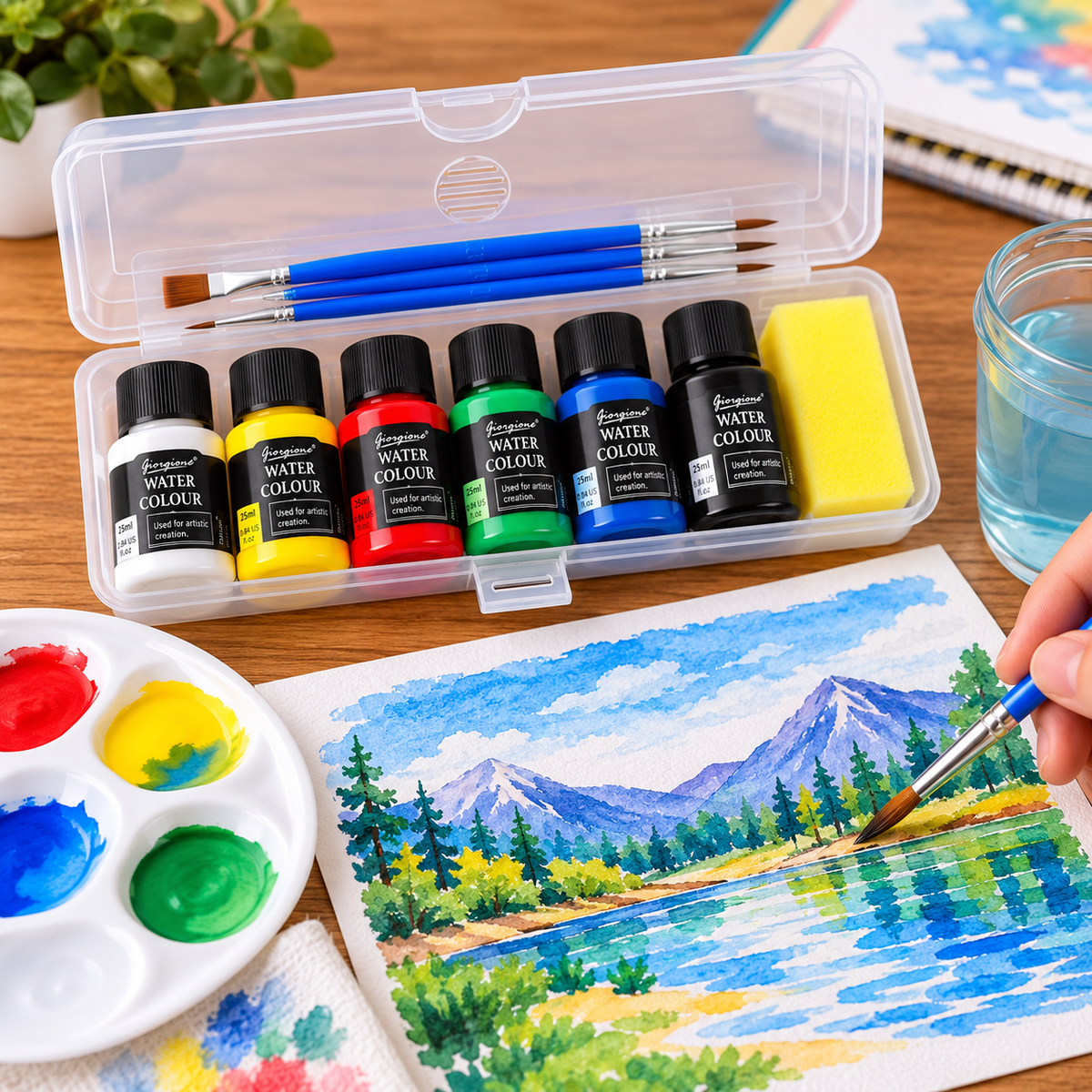Kit de Tintas Aquarela Giorgione: 6 Cores de 25 ml com 3 Pincéis e Esponja - (AYC153-176)