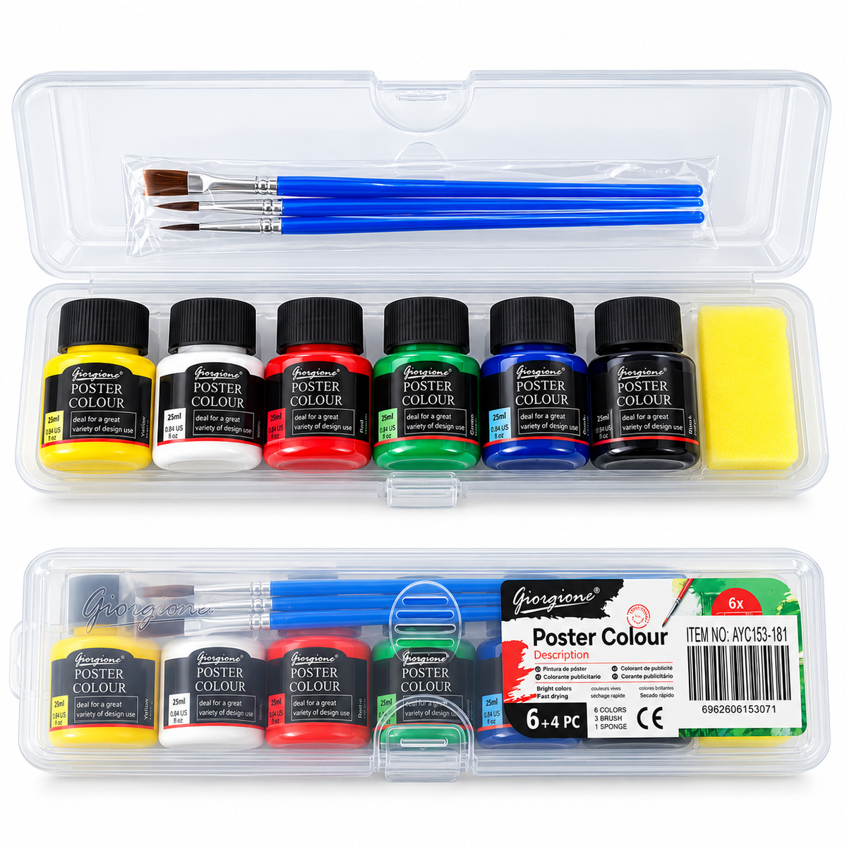 Kit de Tintas para Cartazes Giorgione Poster Colour: 6 Cores de 25 ml com 3 Pincéis e Esponja - (AYC153-181)