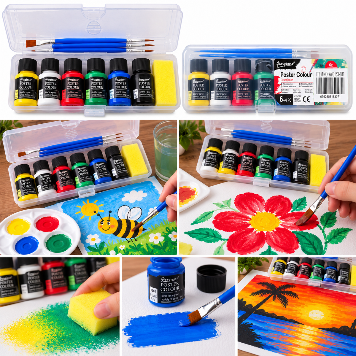 Kit de Tintas para Cartazes Giorgione Poster Colour: 6 Cores de 25 ml com 3 Pincéis e Esponja - (AYC153-181)