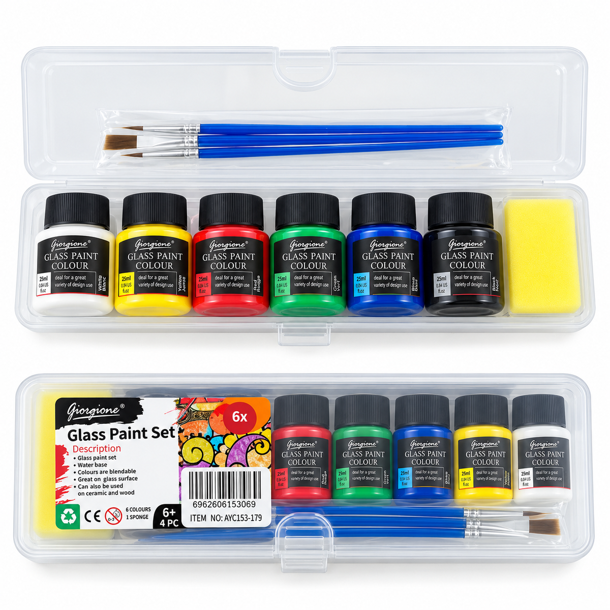 Kit de Tintas para Vidro Giorgione Glass Paint: 6 Cores de 25 ml com 3 Pincéis e Esponja - (AYC153-179)