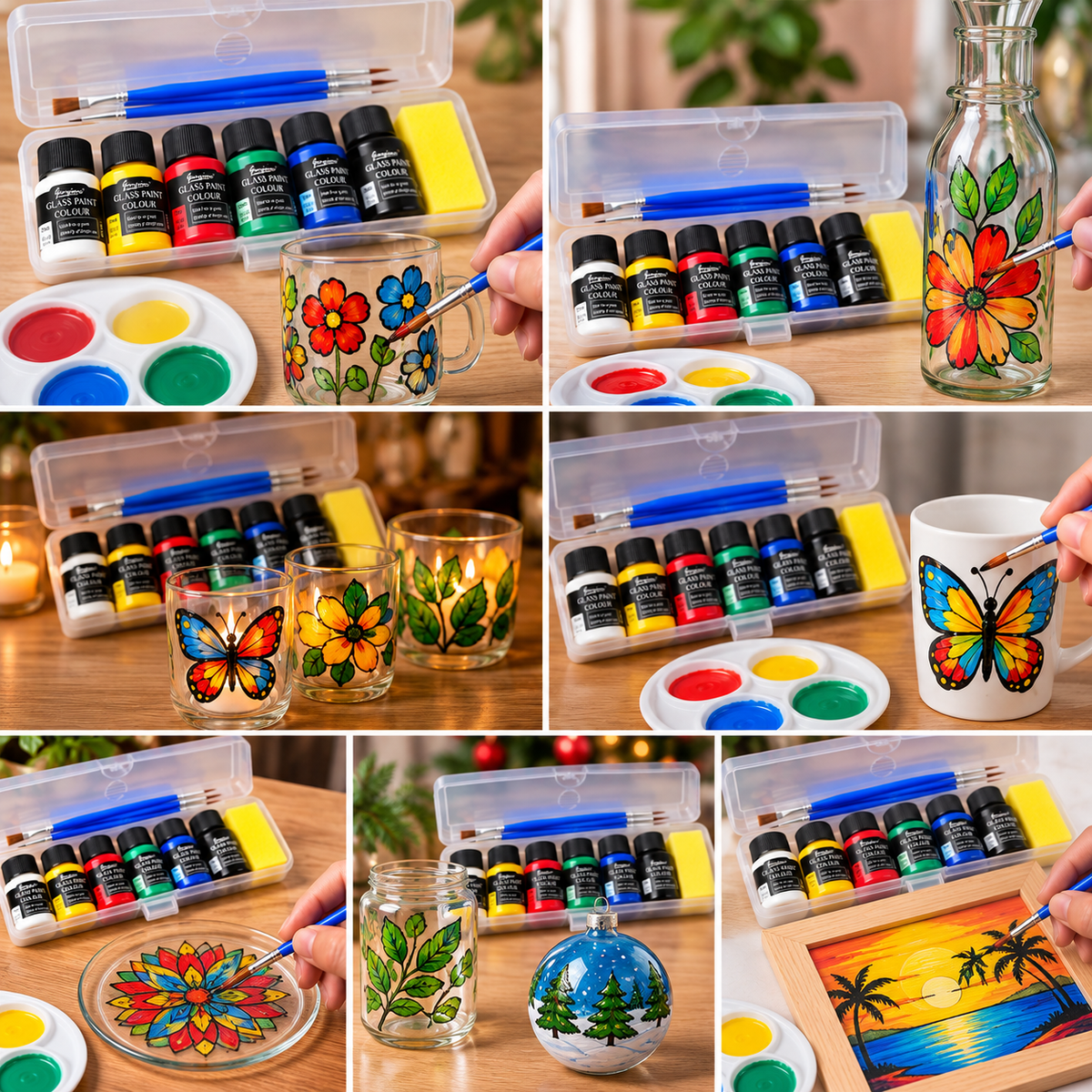 Kit de Tintas para Vidro Giorgione Glass Paint: 6 Cores de 25 ml com 3 Pincéis e Esponja - (AYC153-179)
