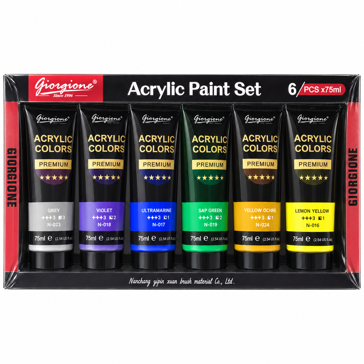 Kit de Tintas Acrílicas Giorgione Premium – 6 Cores de 75 ml (450 ml) - (AYC153-155)