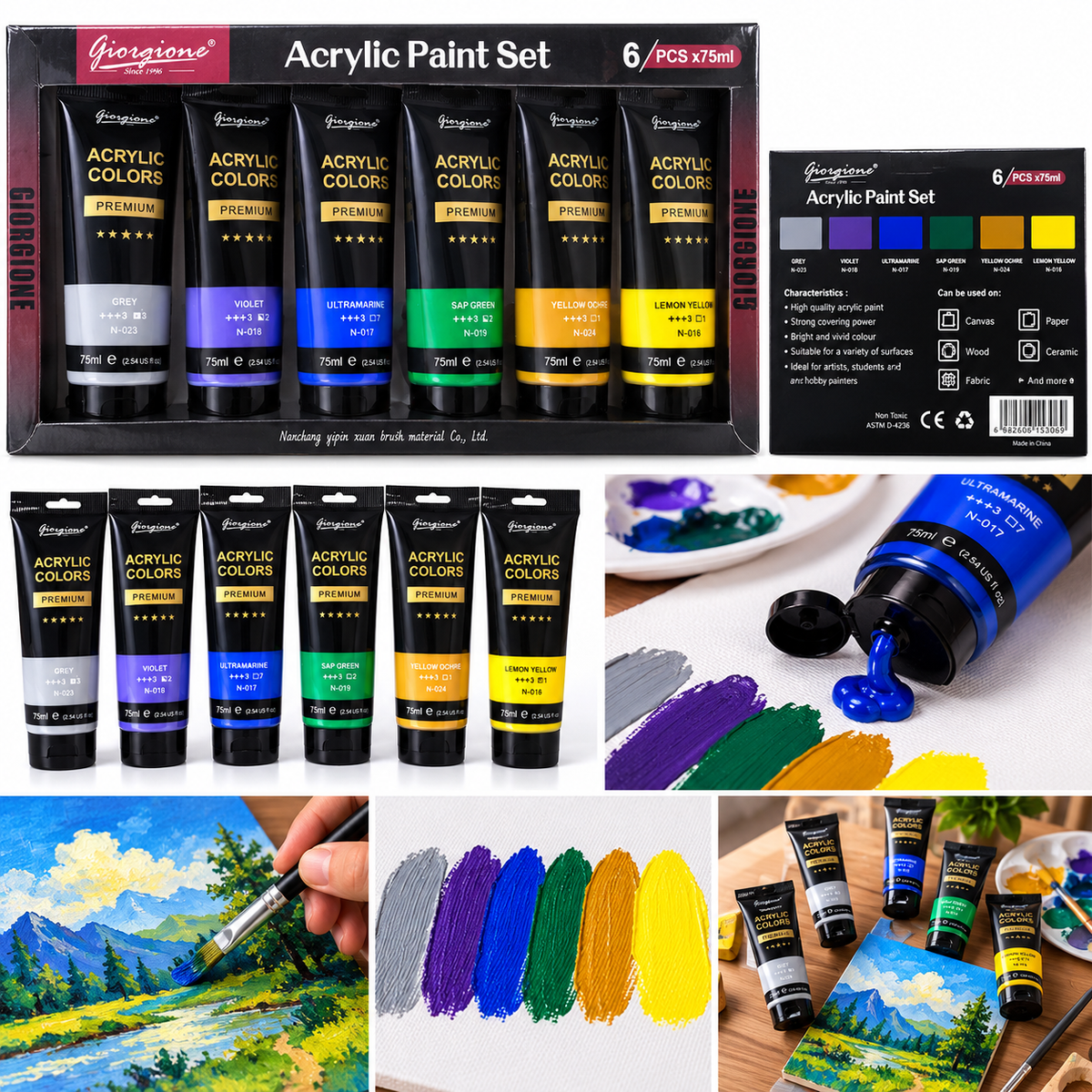 Kit de Tintas Acrílicas Giorgione Premium – 6 Cores de 75 ml (450 ml) - (AYC153-155)