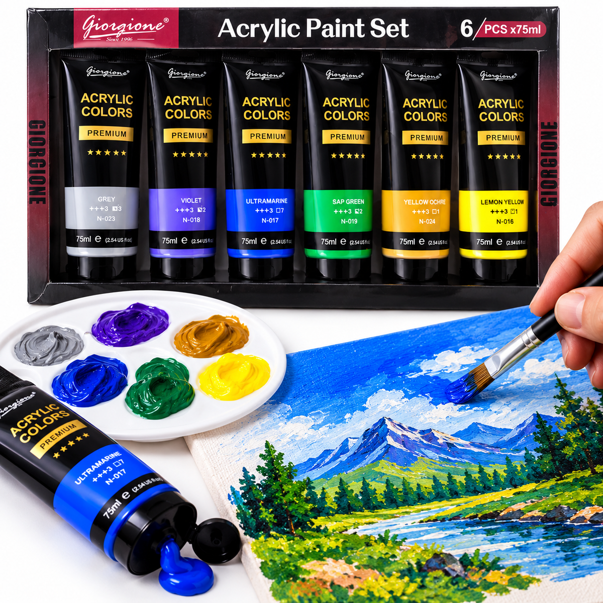 Kit de Tintas Acrílicas Giorgione Premium – 6 Cores de 75 ml (450 ml) - (AYC153-155)