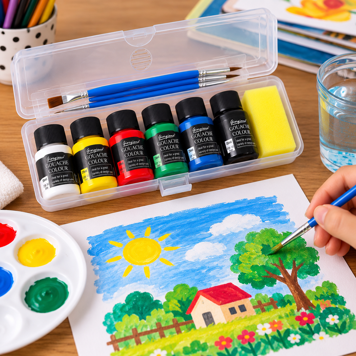 Kit de Tintas Guache Giorgione: 6 Cores de 25 ml com 3 Pincéis e Esponja - (AYC153-177