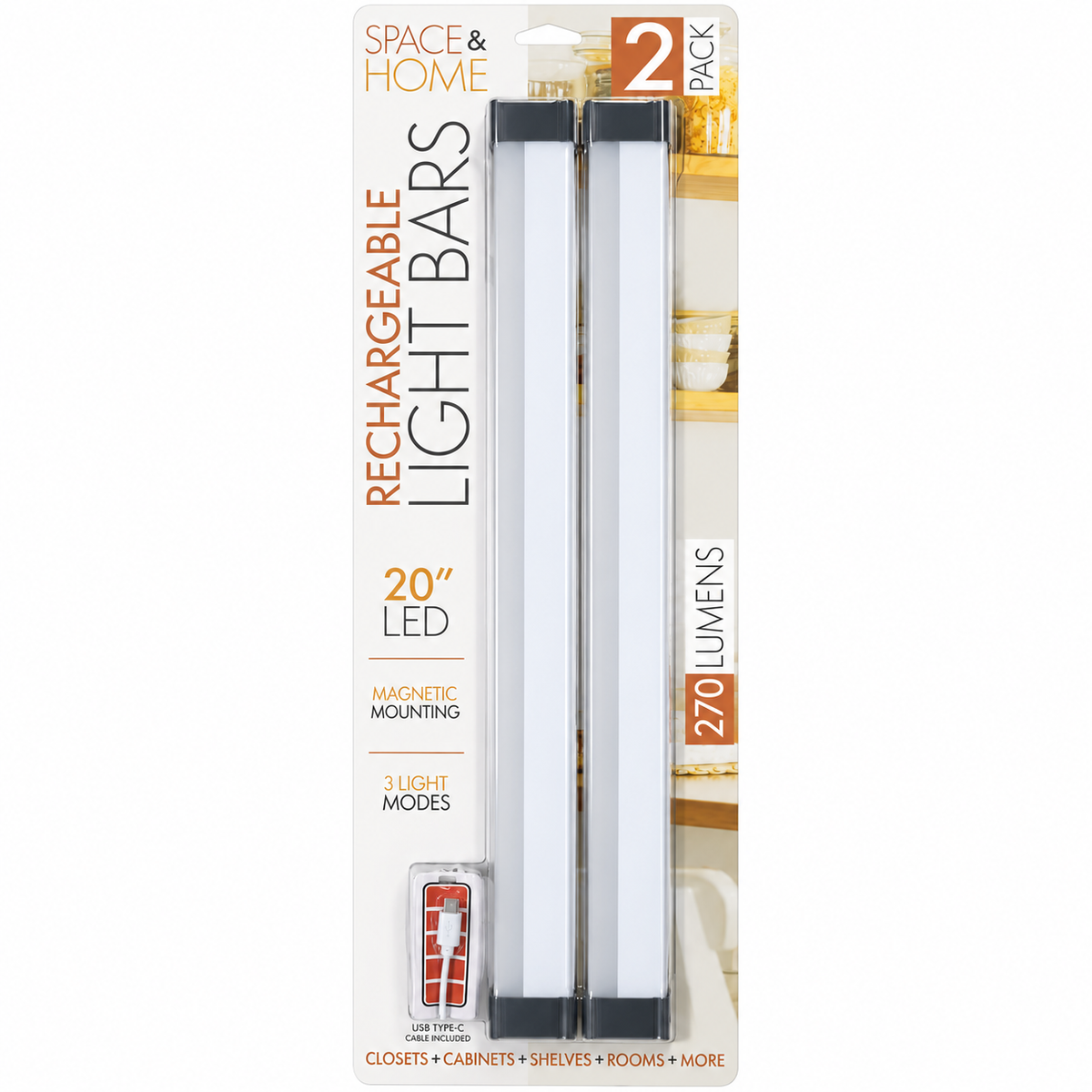 Kit de 2 Barras de Luz LED Recarregáveis Space &amp; Home 20" com Fixação Magnética – 270 Lúmens - (LANT0003)