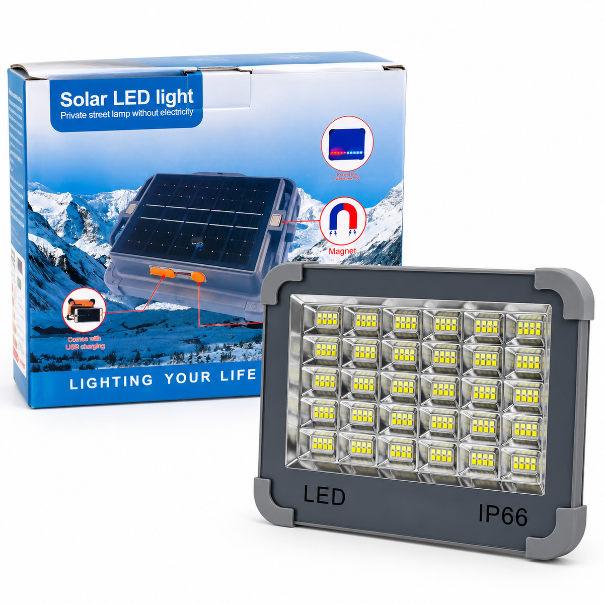 Projector Solar LED Recarregável IP66 com Painel Solar, Fixação Magnética e Carregamento USB - (LANT0009)