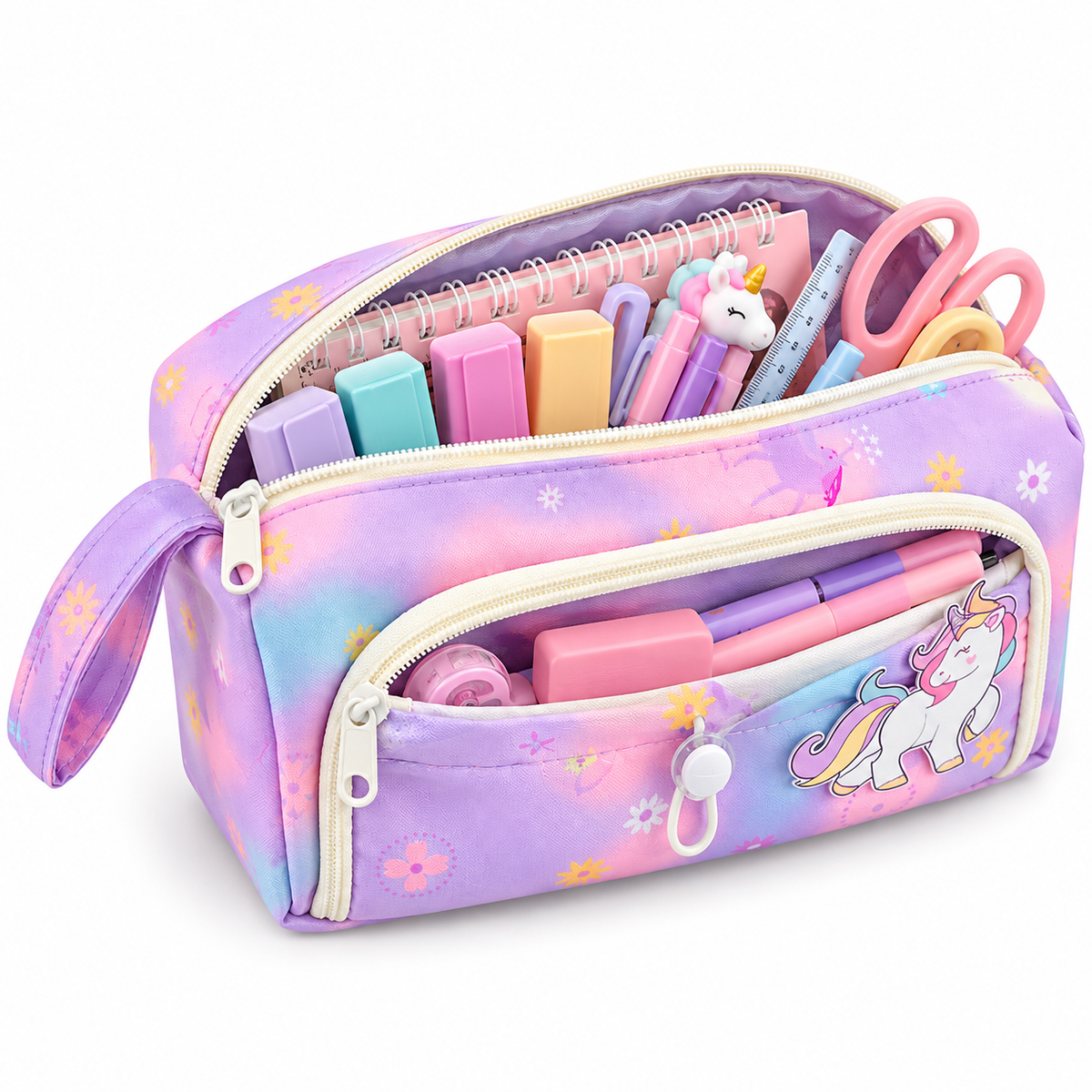 Estojo Escolar de Unicórnio com 2 Compartimentos e Fecho Duplo: Rosa e Lilás - (AYC335-21)