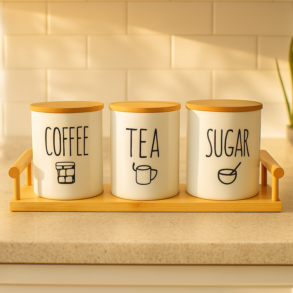 HomeLux Exclusives Ceramic Storage Jar Trio with Bamboo Lids