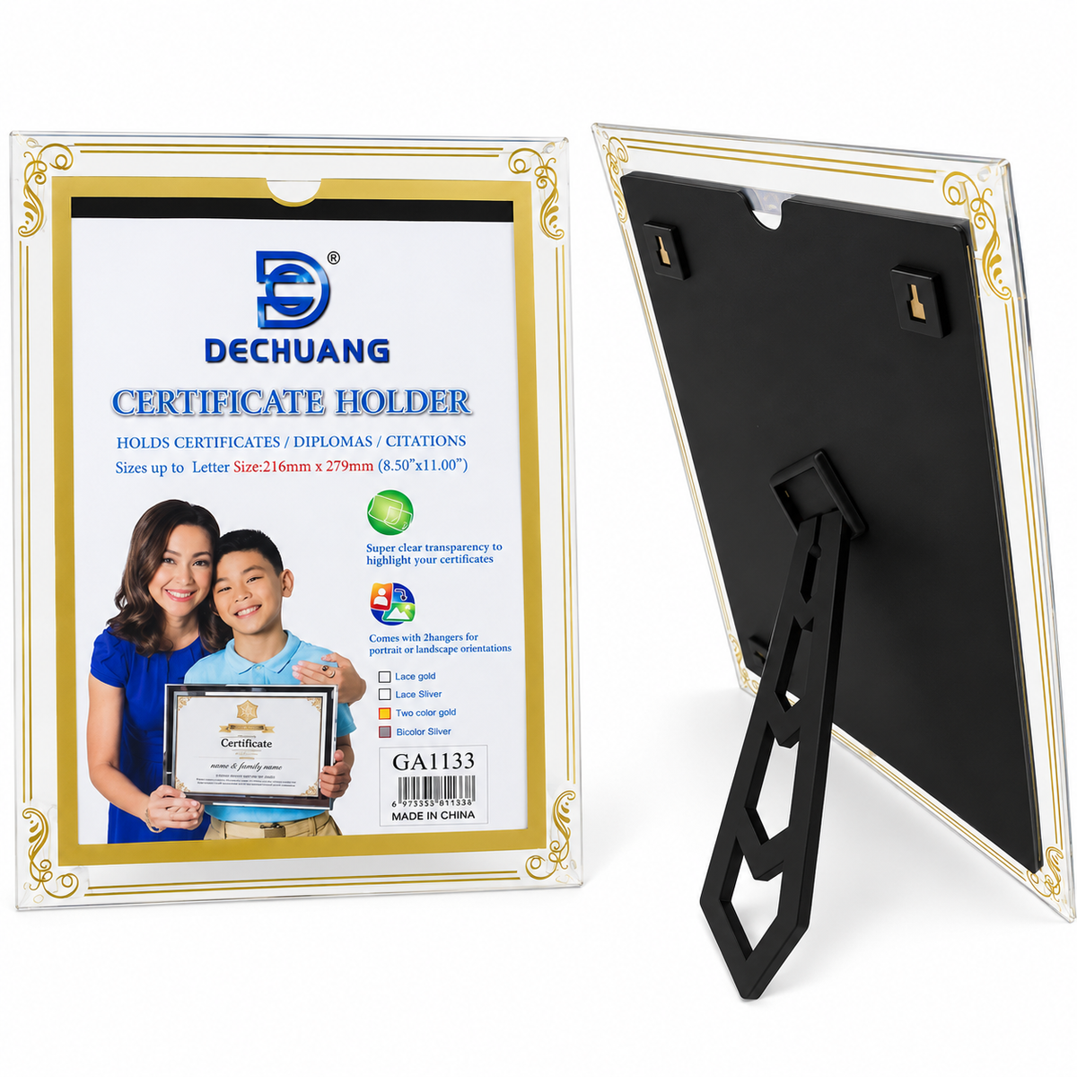 Porta-Certificados A4 com Moldura Dourada e Suporte de Mesa - (AYC164-6)