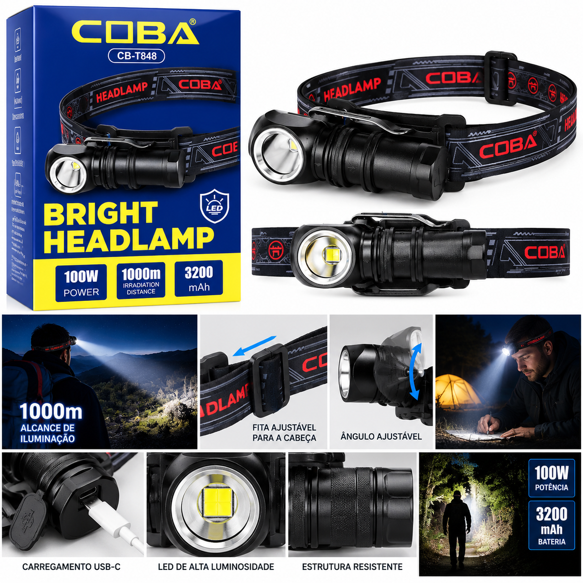 Lanterna LED de Cabeça Recarregável COBA CB-T848 100W com Fita Ajustável e Bateria de 3200mAh – (LANT0028)