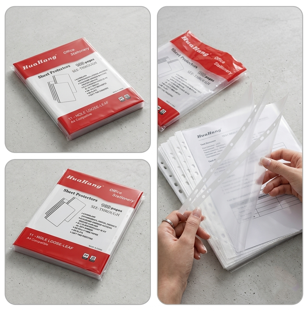 Protetores de Folhas Transparentes A4 HuaHuang – Pacote de 100