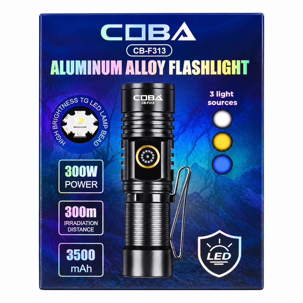 Lanterna LED Recarregável COBA CB-F313 300W com Base Magnética, 3 Cores de Luz e Bateria de 3500mAh – (LANT0029)
