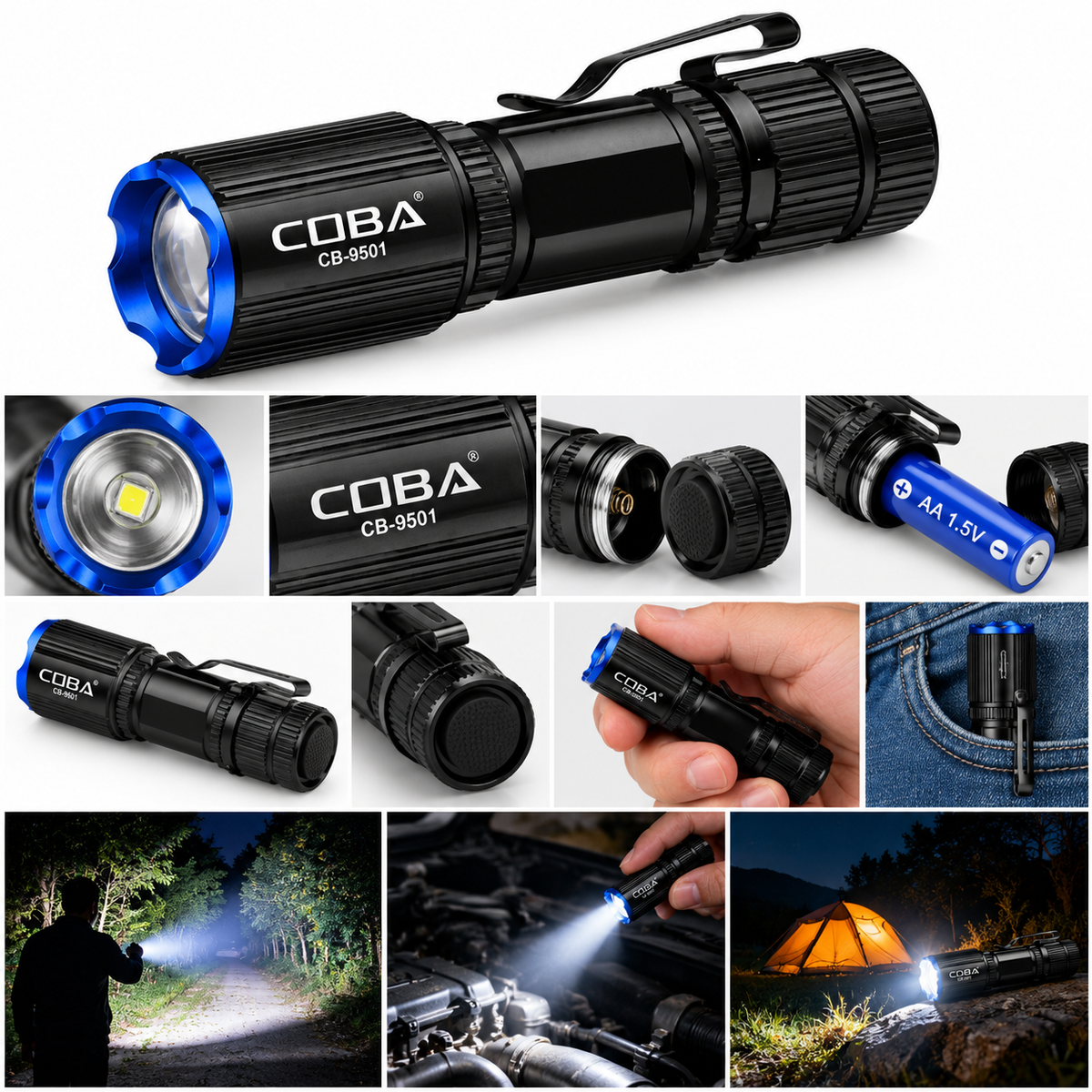 Lanterna LED Portátil COBA CB-9501 em Liga de Alumínio com Clipe de Fixação – (LANT0013)