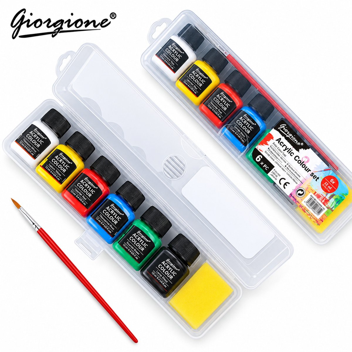 Kit de Tintas Acrílicas Giorgione Premium – 6 Cores de 12 ml com Pincel e Esponja - (AYC153-178)