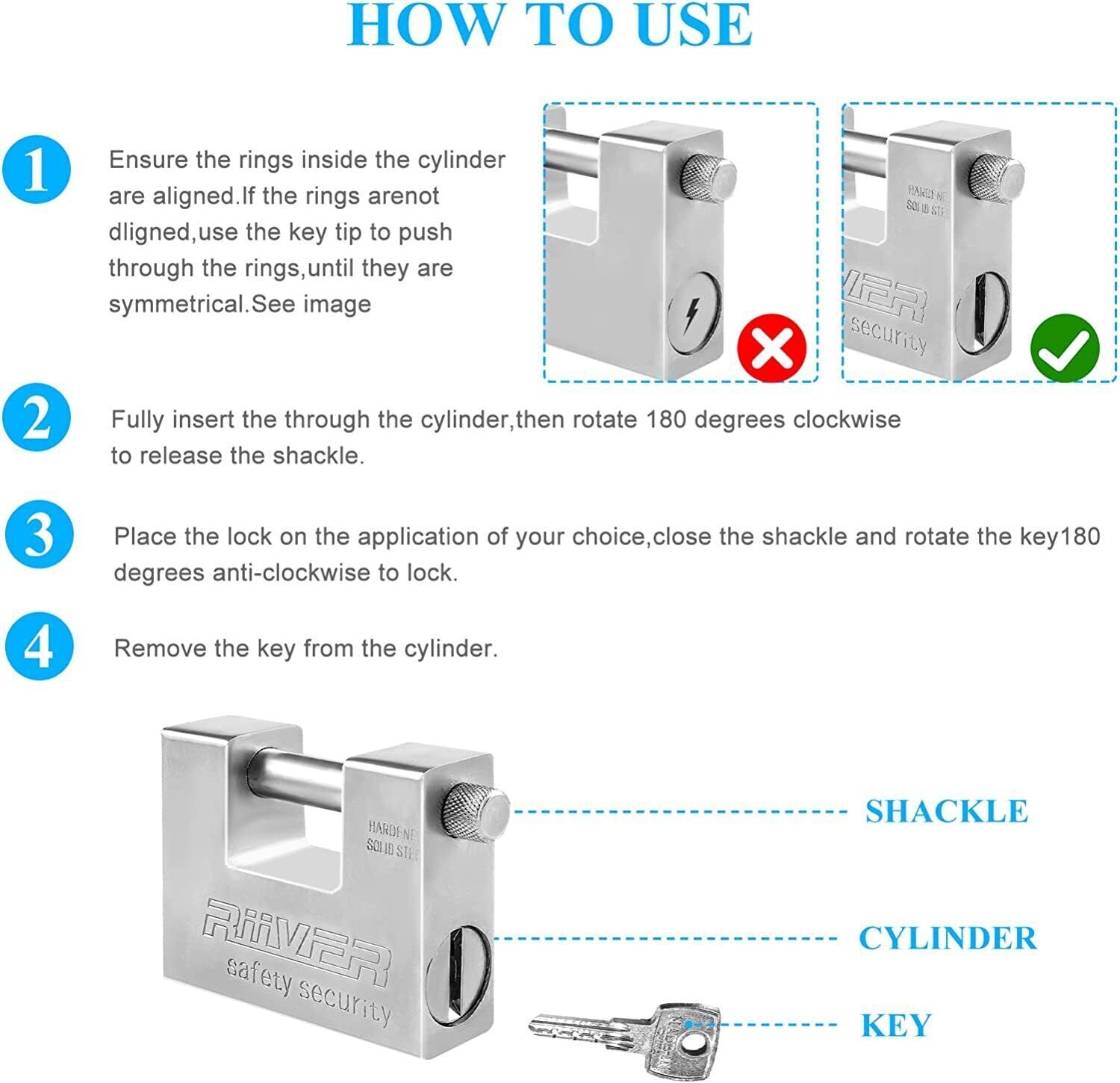 QngeNet 94mm Heavy Duty Armoured Steel Shutter Padlock 5 Keys